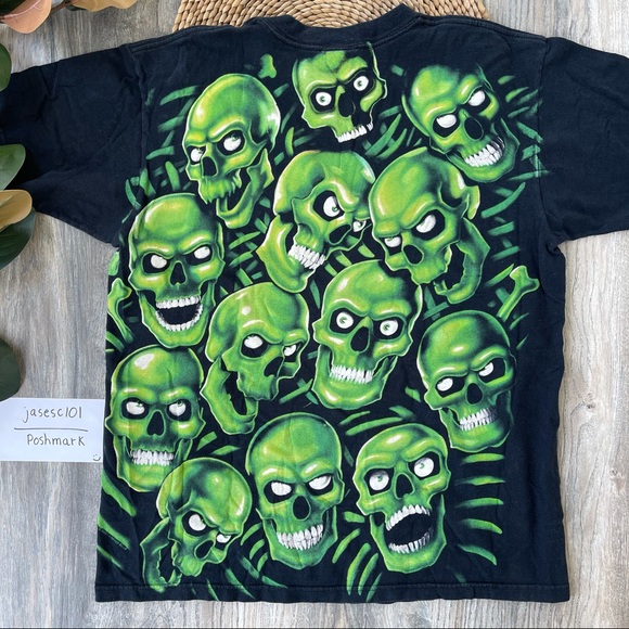 Liquid Blue All Over Green Skull Print Black T Shirt Large Adult Vintage 2001 - Picture 2 of 16